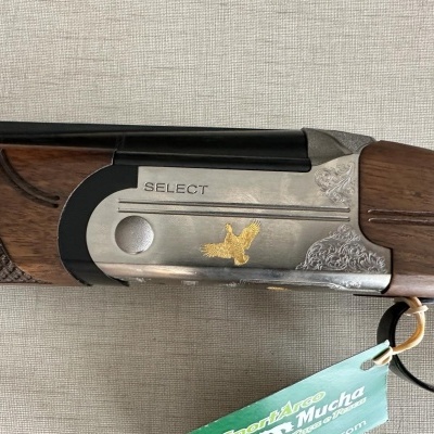 Espingarda com coronha de madeira castanha e caixa metálica prateada decorada com pássaro dourado