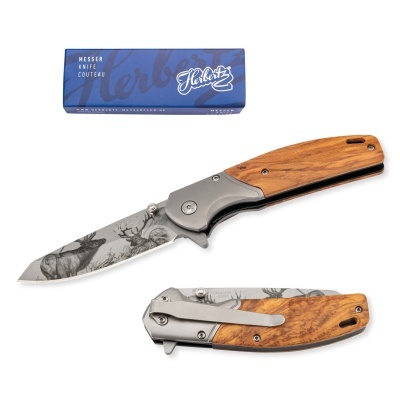 Faca de bolso com lâmina decorada, cabo de madeira e caixa azul