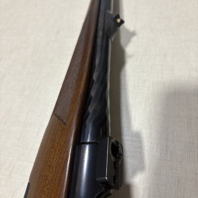 Espingarda com coronha de madeira castanha e cano preto fosco em fundo claro