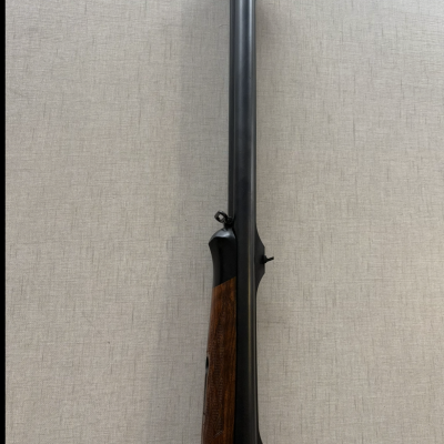 Espingarda com cano longo preto e coronha de madeira castanha escura