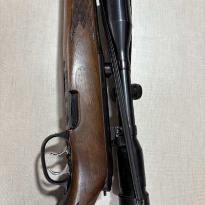 Rifle de madeira escura com luneta preta montada