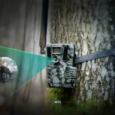 Câmara de vigilância camuflada num tronco de árvore com correia preta