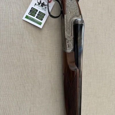 Espingarda canos duplos em madeira e metal prateado com etiqueta FORTE DEFESA