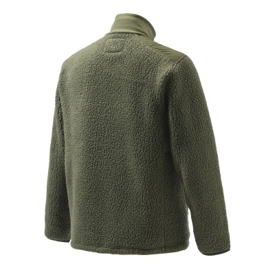 Casaco tipo sherpa verde-oliva com gola alta e reforços nos ombros