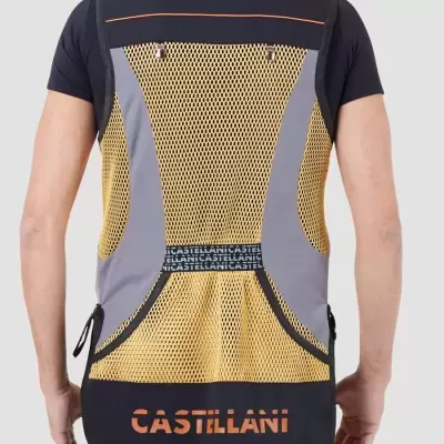 Colete CASTELLANI amarelo e preto com padrão de rede nas costas