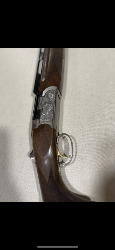 Espingarda com detalhes decorativos e coronha de madeira escura
