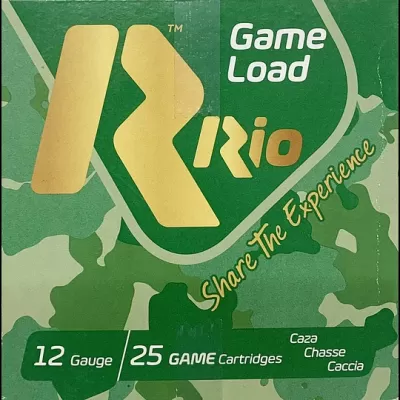 Embalagem verde com padrão camuflado de cartuchos de munição Game Load Rio calibre 12