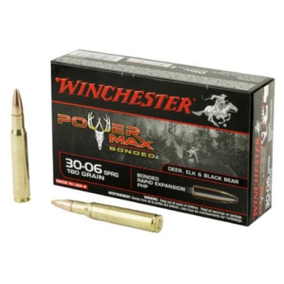 Caixa preta de munições Winchester Power Max Bonded 30-06 SPRG com balas visíveis