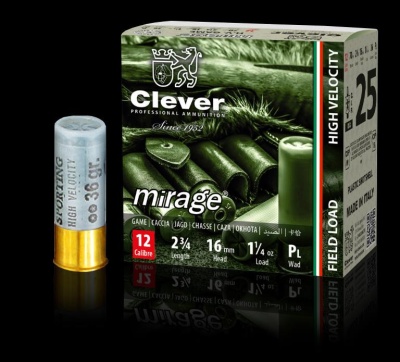 Embalagem de munições Clever Mirage calibre 12 com cartucho ao lado