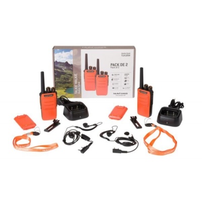 Conjunto de 2 walkie-talkies laranja com acessórios e caixa