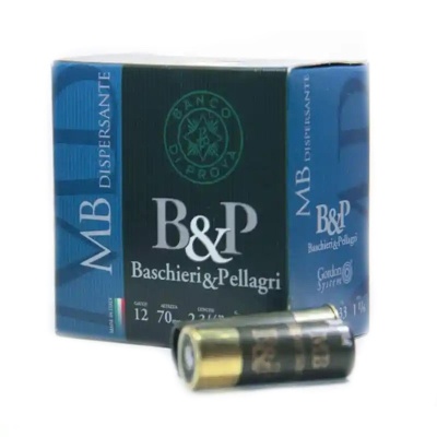 Cartucho de munição B&P Baschieri & Pellagri calibre 12 com caixa azul e preta