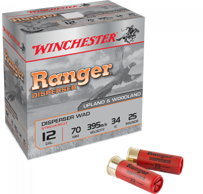Caixa e duas munições Winchester Ranger Disperser calibre 12 de cor vermelha