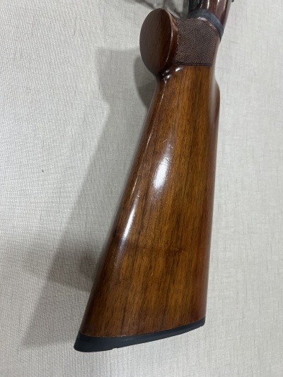 Coronha em madeira polida de arma de fogo castanha com borda preta