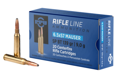 Caixa azul de munições de rifle 6.5x57 Mauser com 20 cartuchos e três cartuchos fora da caixa