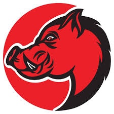 Cabeça de javali vermelha e preta sobre círculo vermelho