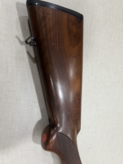 Coronha de arma de fogo em madeira castanha escura com textura e botão vermelho