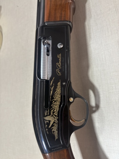 Detail of black metal and brown wood shotgun with P. Beretta text and golden bird engraving