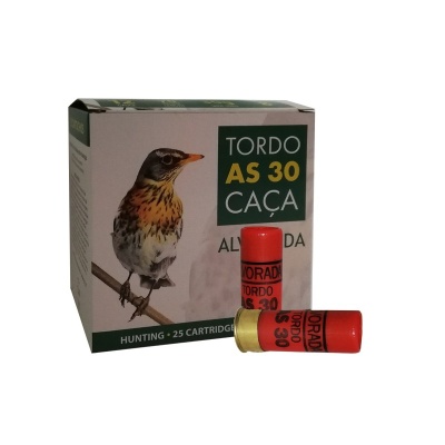 Caixa de cartuchos de caça com imagem de pássaro e dois cartuchos vermelhos