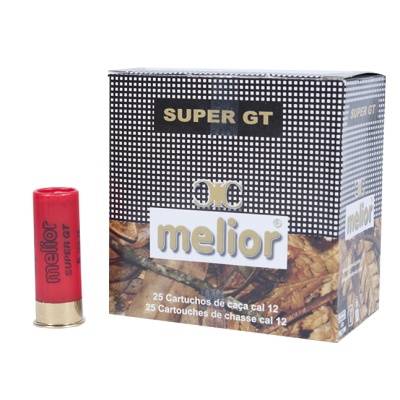 Cartucho de caça calibre 12 Melior Super GT e embalagem preta com padrão quadriculado
