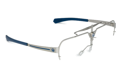 Óculos metálicos prateados com hastes azuis sem lentes