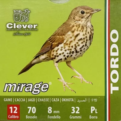 Embalagem verde de munição Clever com imagem de pássaro e texto detalhado