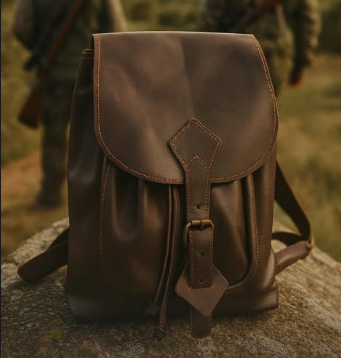 Mochila de couro castanho escuro com fecho de fivela em ambiente exterior