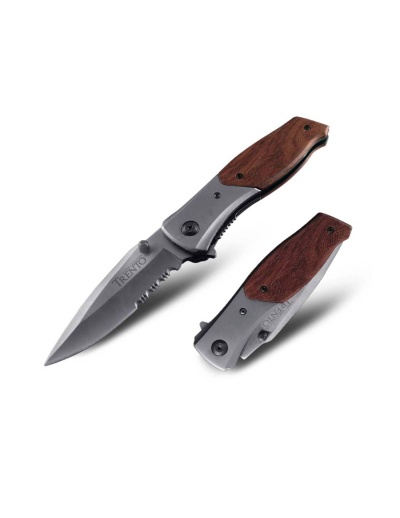 Faca de bolso com lâmina em aço cinza e punho em madeira castanha dobrada e aberta