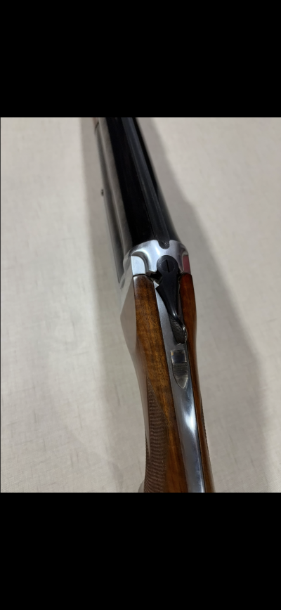 Espingarda dupla calibre 12 com canos pretos e coronha em madeira castanha com textura entalhada