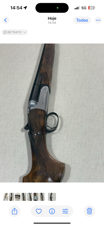 Espingarda de canos duplos com coronha em madeira escura e armação em metal prateado