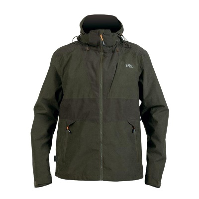 Casaco impermeável verde-escuro com capuz e fecho de correr