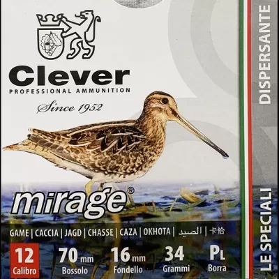 Embalagem de munição Clever Mirage calibre 12 com imagem de pássaro e detalhes técnicos