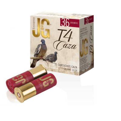 Caixa de cartuchos de caça JG Excopesa com duas munições vermelhas e douradas