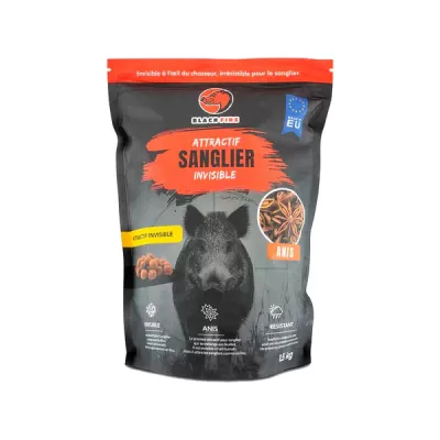 Embalagem preta e laranja de atrativo para javali com imagem de javali e raiz, texto em francês.