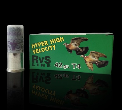 Cartucho de caça prateado e caixa verde com texto e imagem de patos