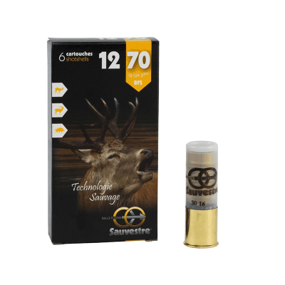 Embalagem preta de cartuchos calibre 12 com imagem de veado e cartucho ao lado