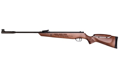 Rifle de caça com coronha em madeira trabalhada castanha e cano preto