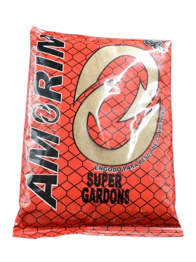 Pacote vermelho de engodo para pesca AMORIN Super Gardons com padrão de rede preta.