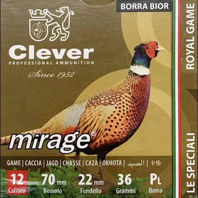 Embalagem de munição Clever mirage com imagem de faisão e detalhes técnicos