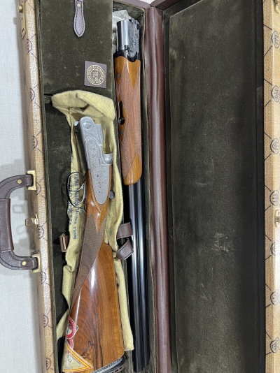 Espingarda desmontada num estojo forrado a tecido verde-escuro