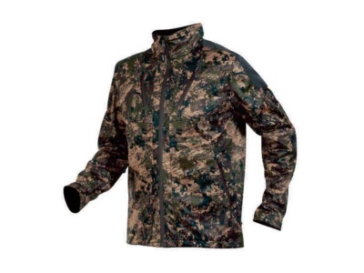 Casaco camuflado em tons verdes, castanhos e pretos com fecho frontal