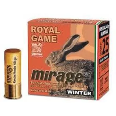 Caixa de cartuchos de caça Royal Game Mirage Winter calibre 12 com imagem de lebre.