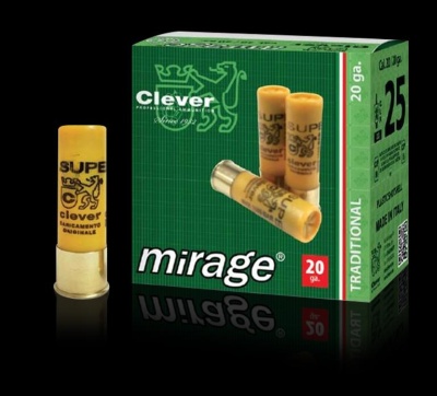 Caixa verde de munições Clever Mirage calibre 20 ga com três cartuchos amarelos