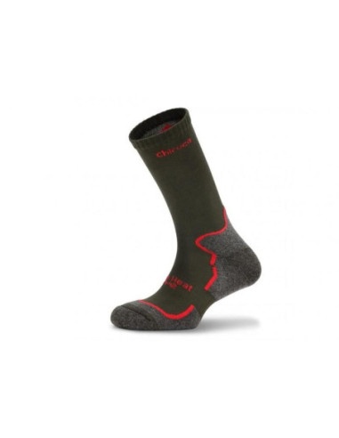 Meia desportiva verde com detalhes cinzentos e vermelhos e texto impresso