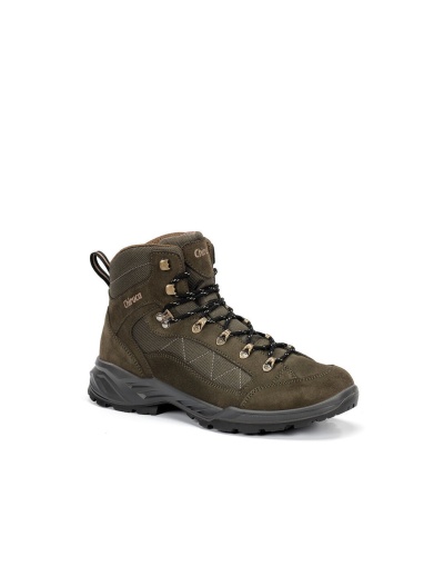 Bota de caminhada castanha em camurça com atacadores pretos e detalhes metálicos