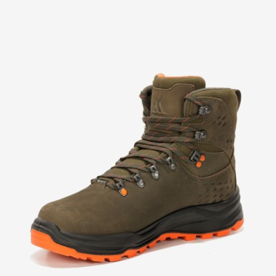 Bota de caminhada verde escura com sola laranja