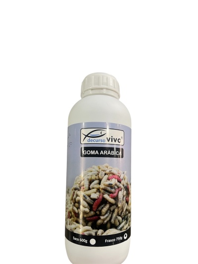 Garrafa branca de plástico com rótulo de Goma Arábica