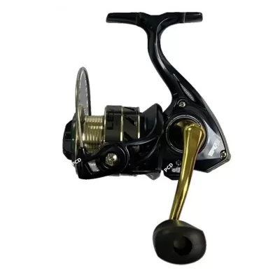 Molinete de pesca preto e dourado com manivela