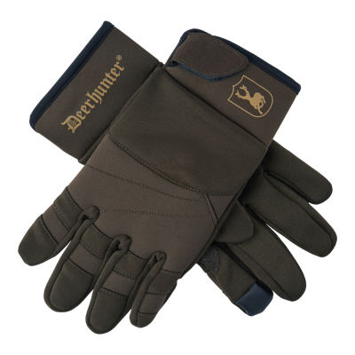 Par de luvas Deschutes verdes e castanhas com fecho de velcro e logotipo