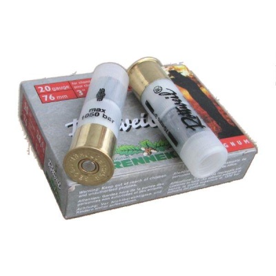 Caixa de cartuchos de caça calibre 16 mm com dois cartuchos sobre a caixa