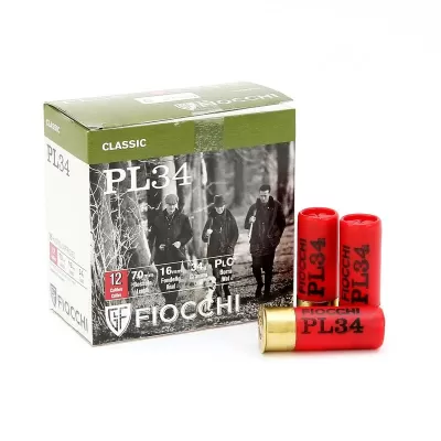 Caixa de cartuchos vermelhos Fiocchi Classic PL34 calibre 12 com três cartuchos fora da caixa